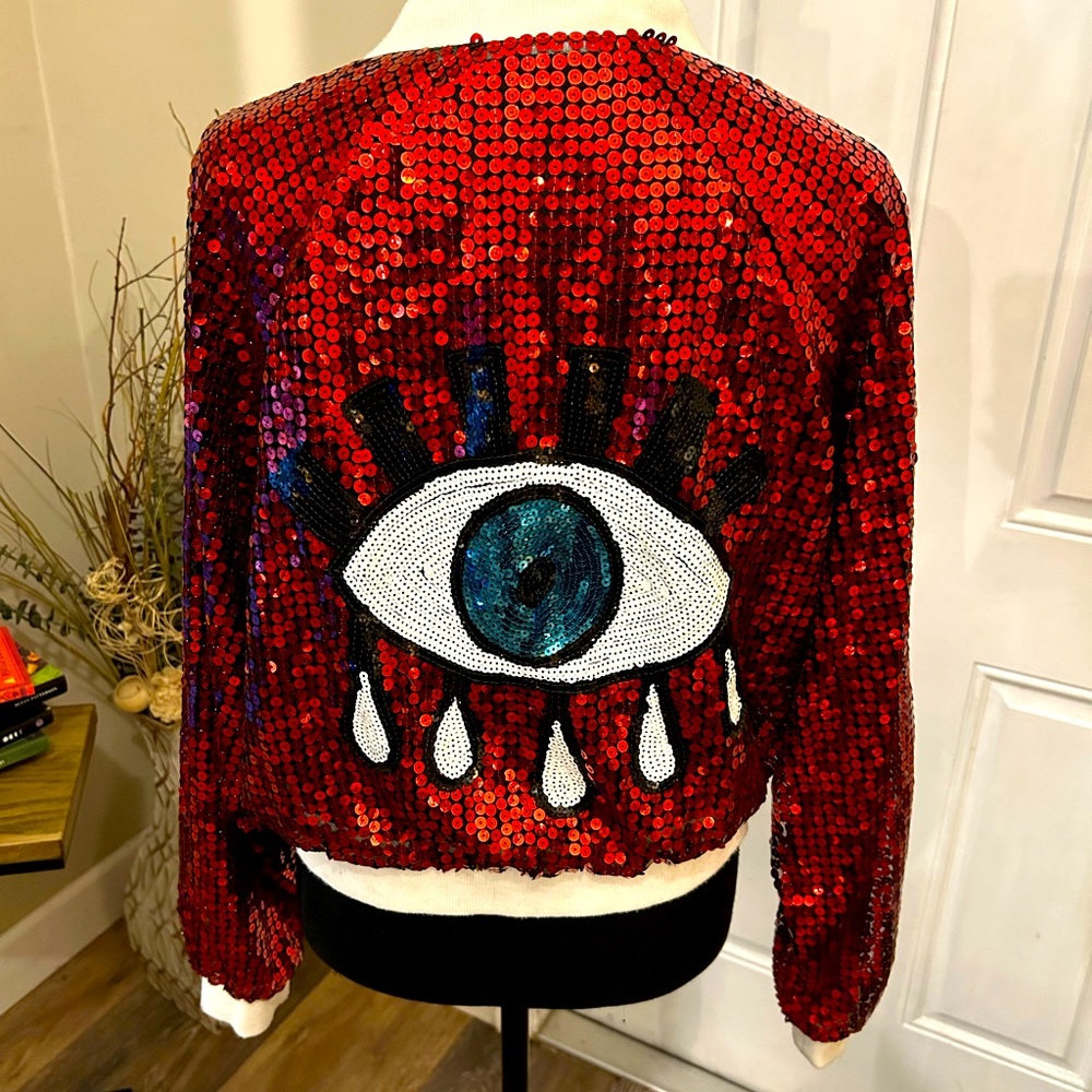 Small red sequence “evil eye” light weight jacket